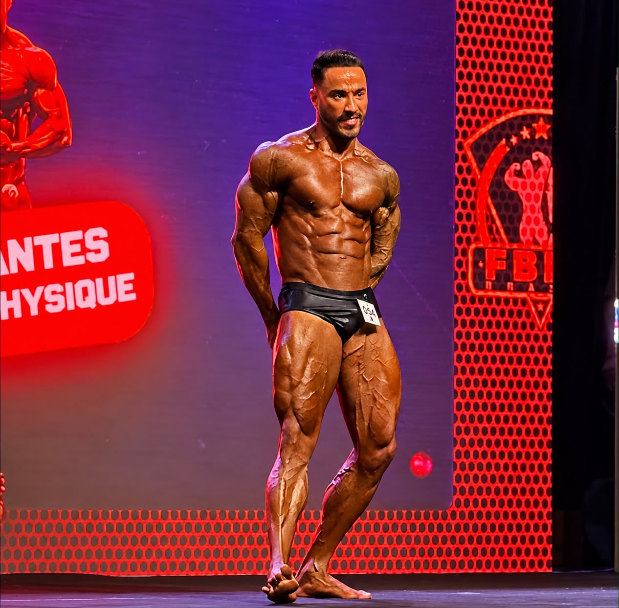 Atleta de fisiculturismo em apresentação em palco com fundo roxo e vermelho